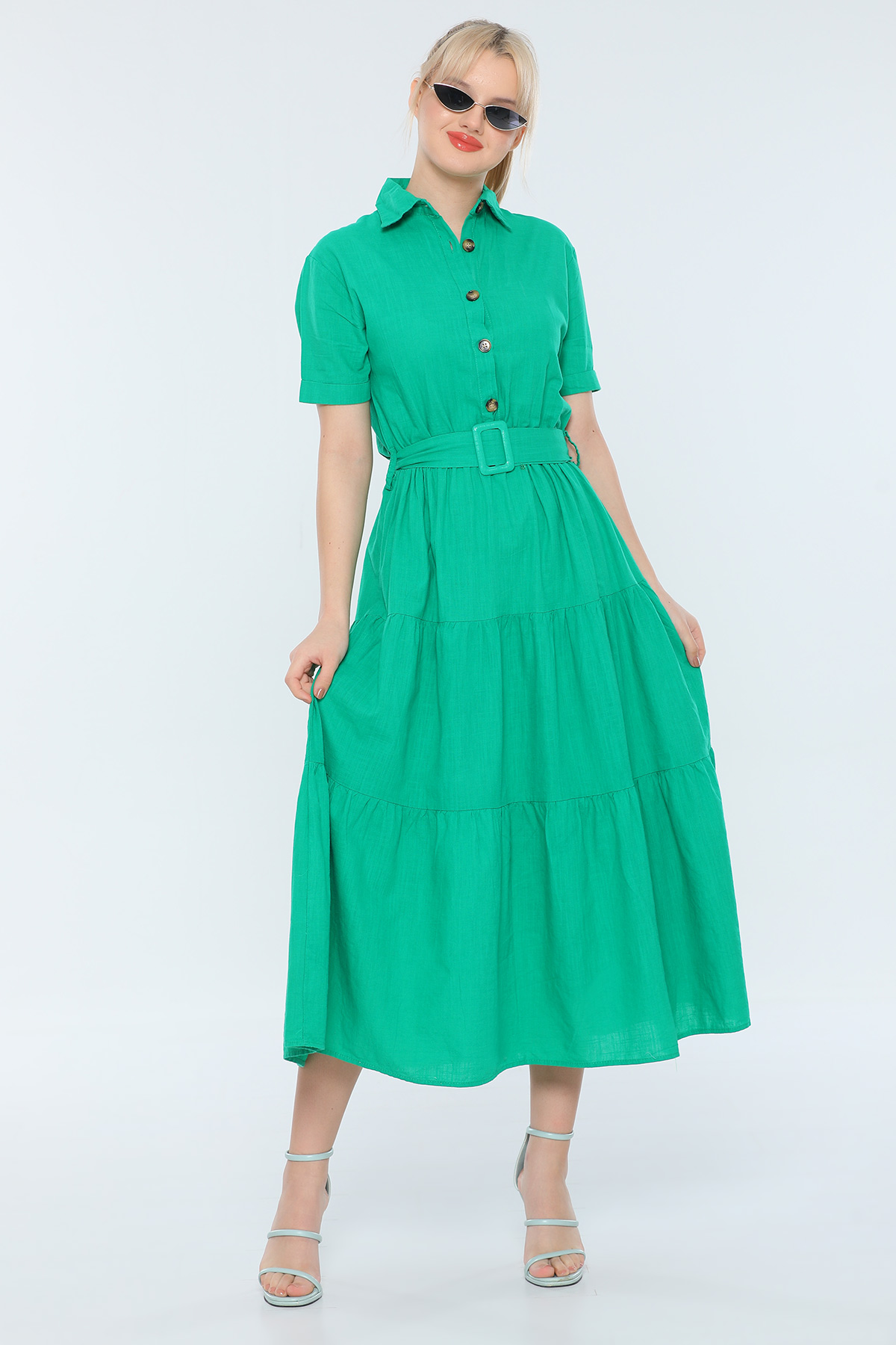 Yeşil Kadın Gömlek Yaka Kısa Kollu Keten Yazlık Elbise 480546 - tozlu.com