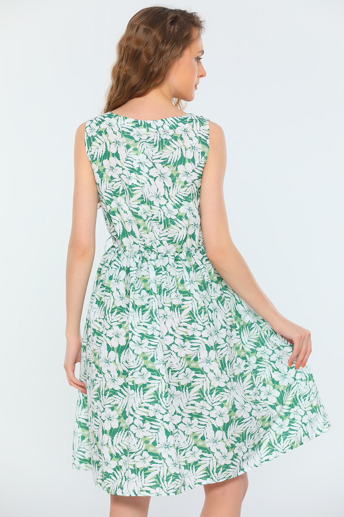 Yeşil Kadın Sıfır Kol Bel Lastikli Desenli Yazlık Elbise