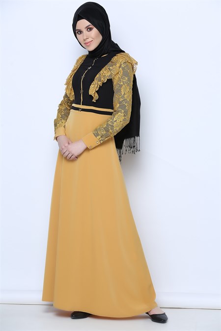 Hardal Çift Renkli Elbise 119014
