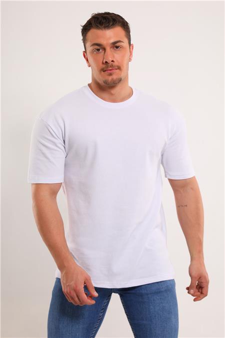 Erkek Bisiklet Yaka Oversize Likralı T-shirt Beyaz