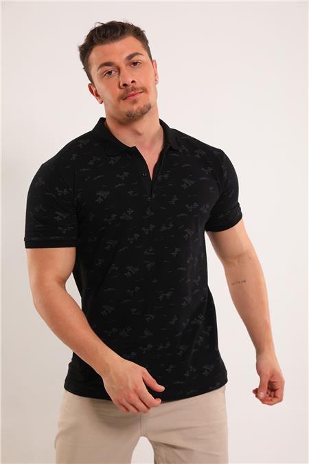 Erkek Polo Yaka Desenli Likralı T-shirt Siyah 494504