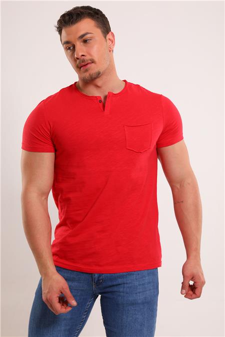 Erkek Yaka Düğmeli Cepli Likralı T-shirt Kırmızı
