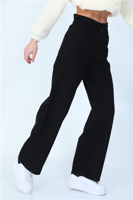 Kadın Bel Büzgülü Bol Paça Jeans Pantolon Siyah