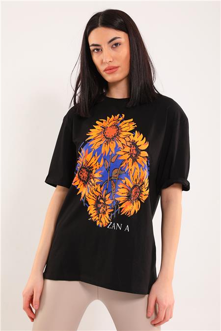 Kadın Çiçek Baskılı T-shirt Siyah