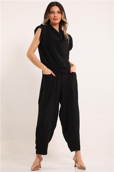 Kadın Degaje Yaka Omuz Vatkalı Pantolon Bluz İkili Takım Siyah 495383