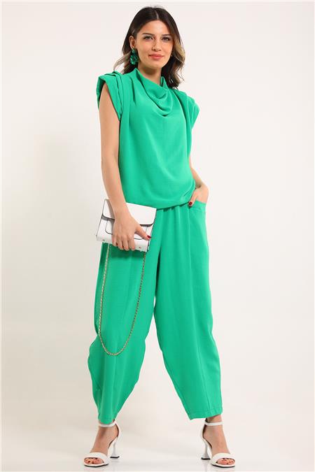 Kadın Degaje Yaka Omuz Vatkalı Pantolon Bluz İkili Takım Yeşil 495385