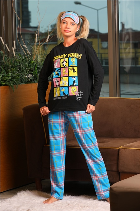 Kadın Desenli Uyku Bantlı Pijama Takımı Siyah