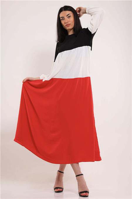 Kadın Renk Bloklu Salaş Elbise Kırmızı