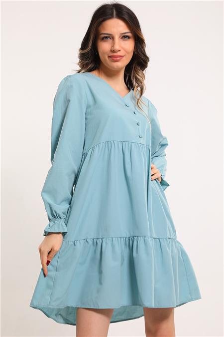 Kadın V Yaka Ön Düğme Detaylı Etek Ve Kol Ucu Fırfırlı Elbise Mint 493788