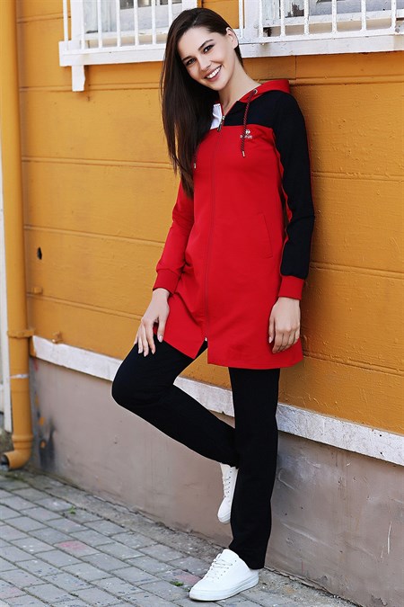 Kırmızı Kapşonlu Kol Renk Detaylı Tunik Takım 95174 192050