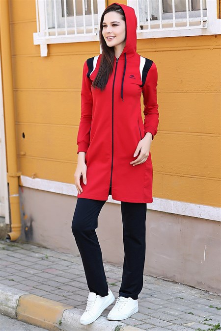 Kırmızı Kapşonlu Omuz Çift Renk Detaylı Tunik Takım 95172 192046