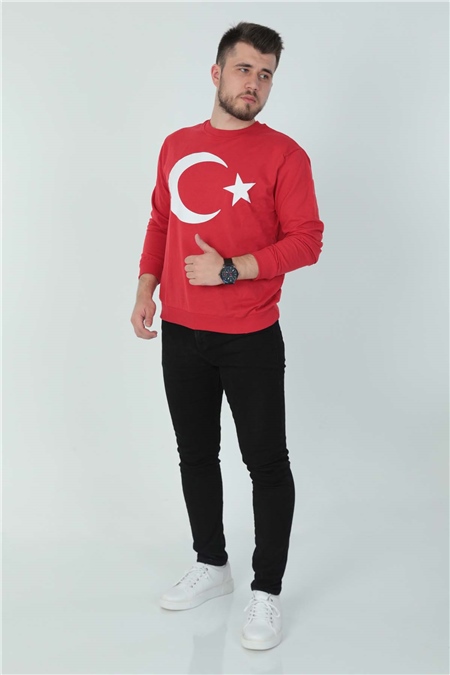 Kırmızı Erkek Bisiklet Yaka Türk Bayrağı Baskılı 2 İp Sweatshirt