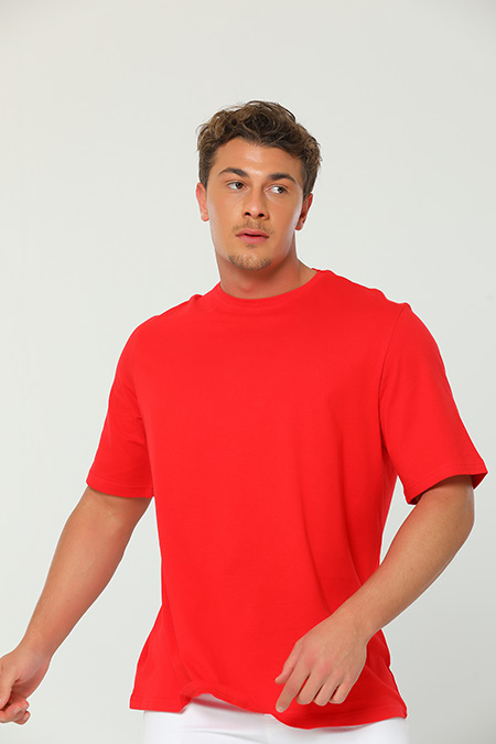 Kırmızı Erkek Likralı Oversize Bisiklet Yaka Basic T-shirt