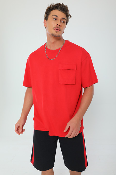 Kırmızı Erkek Oversize Körük Cepli T-shirt