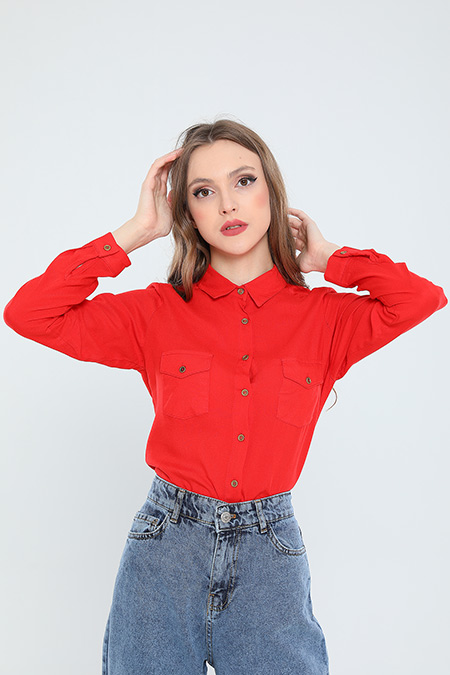 Kırmızı Kadın Likralı Kol Apoletli Basic Gömlek 471328