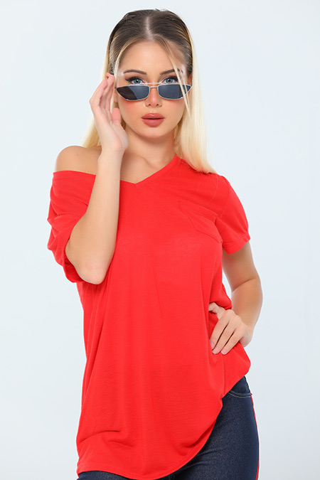 Kırmızı V Yaka Cepli Kadın T-shirt 449709
