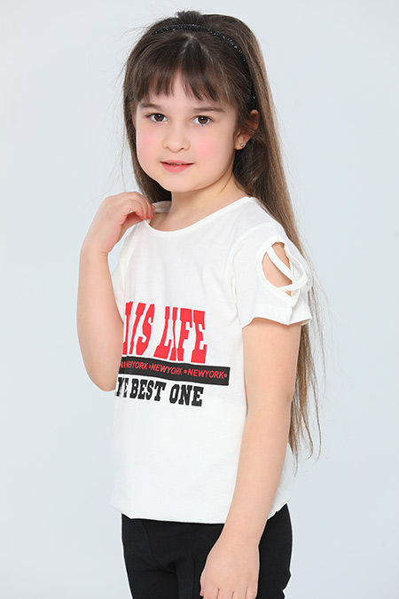 Krem Kız Çocuk Likralı Bisiklet Yaka Kol Detaylı T-shirt