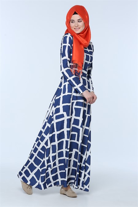Lacivert Kuşaklı Desenli Elbise 119109