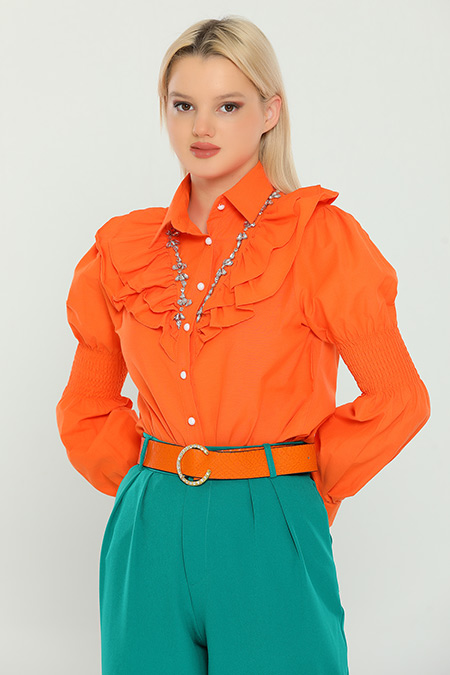 Orange Kadın Yakası Taşlı Fırfırlı Gömlek 476203