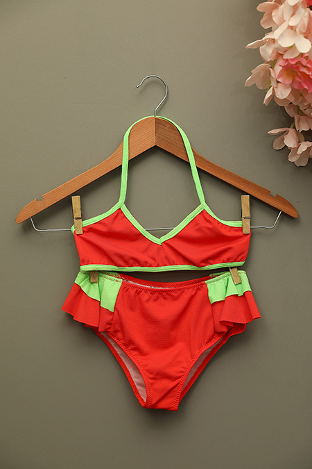 Orange Kız Çocuk Üçgen Kesim Renk Bloklu Fırfırlı Bikini Takım 479008