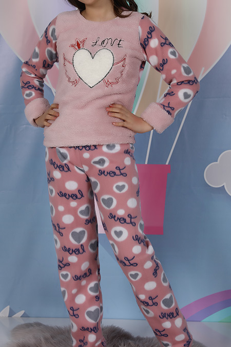 Pudra Polar Kız Çocuk Pijama Takımı 290581- tozlu.com