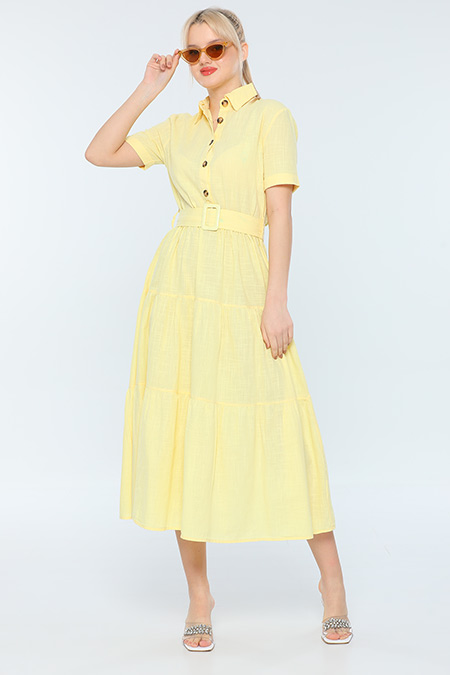 Sarı Kadın Gömlek Yaka Kısa Kollu Keten Yazlık Elbise 480550