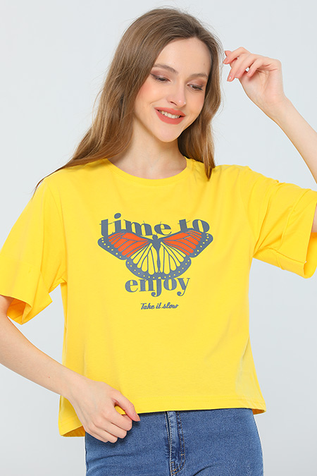 Sarı Kadın Likralı Bisiklet Yaka Duble Kol Baskılı T-shirt 482600