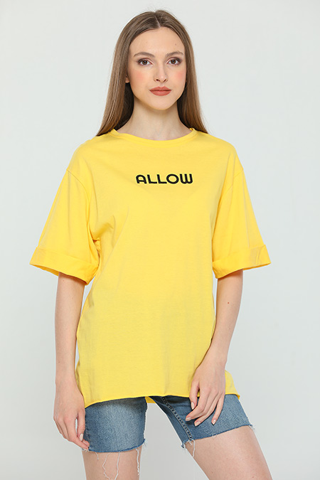 Sarı Kadın Likralı Kol Katlamalı Uzun T-shirt 435364