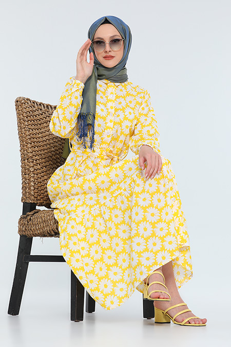 Sarı Kadın Modest Desenli Uzun Tesettür Gömlek Elbise 477757 - tozlu.com