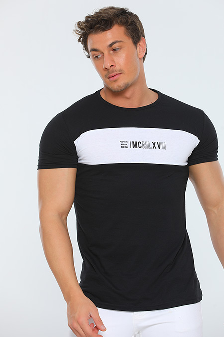 Siyah Erkek Likralı Bisiklet Yaka Renk Bloklu Slim Fit Baskılı T-shirt 480324