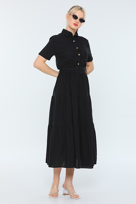 Siyah Kadın Gömlek Yaka Kısa Kollu Keten Yazlık Elbise 480545