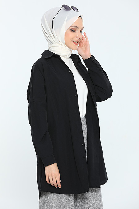 Siyah Kadın Oversize Tesettür Modest Basic Gömlek Tunik 472576- tozlu.com