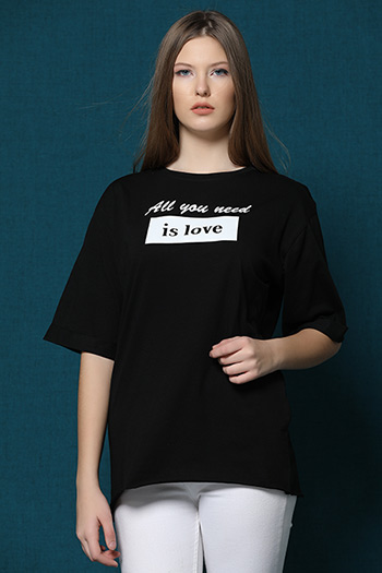 Siyah Baskılı T-shirt 307284- tozlu.com