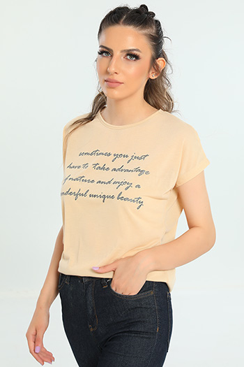 Bej Kısa Kollu Baskılı Salaş Kadın T-shirt 450115