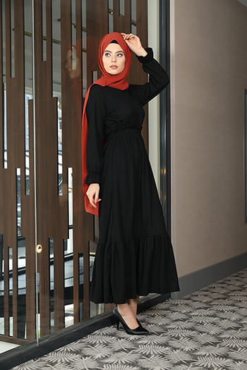 Siyah Bel Kol Büzgülü Elbise 302723- tozlu.com