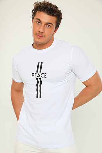Beyaz Erkek Likralı Bisiklet Yaka Baskılı T-shirt