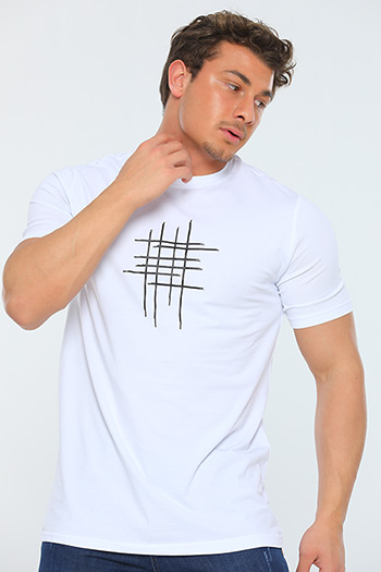 Beyaz Erkek Likralı Bisiklet Yaka Baskılı T-shirt