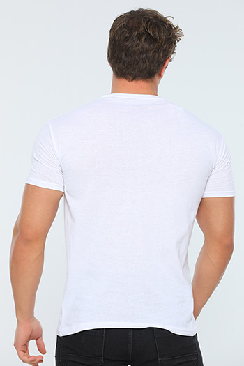 Beyaz Erkek Likralı V Yaka Slim Fit Baskılı T-shirt 480218