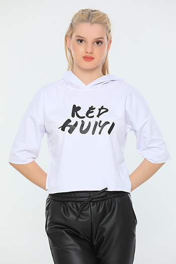 Beyaz Kadın Kapüşonlu Kapri Kol Mevsimlik Spor Crop Sweatshirt 479662