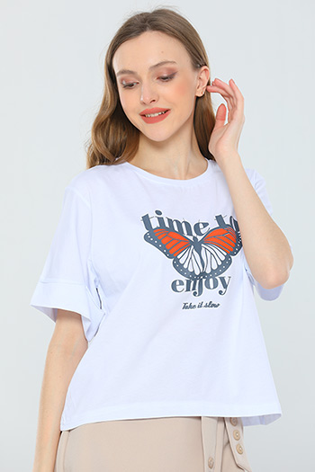 Beyaz Kadın Likralı Bisiklet Yaka Duble Kol Baskılı T-shirt 482601