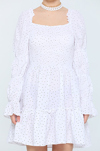 Beyaz Kadın Likralı Puantiyeli Mini Elbise 476193