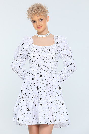 Beyaz Kadın Likralı Yıldız Baskılı Mini Elbise 476197