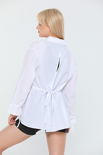 Beyaz Kadın Oversize Kol Sırt Büzgülü Dekolteli Uzun Basic Gömlek 479918
