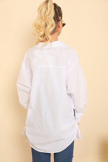 Beyaz Kadın Oversize Poplin Kumaş Yanı Büzgülü Uzun Basic Gömlek 472214