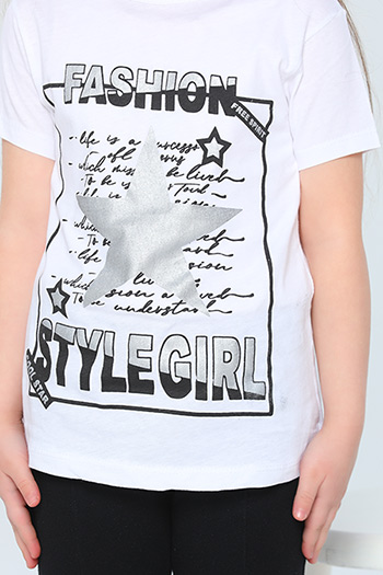 Beyaz Kız Çocuk Likralı Bisiklet Yaka Baskılı T-shirt
