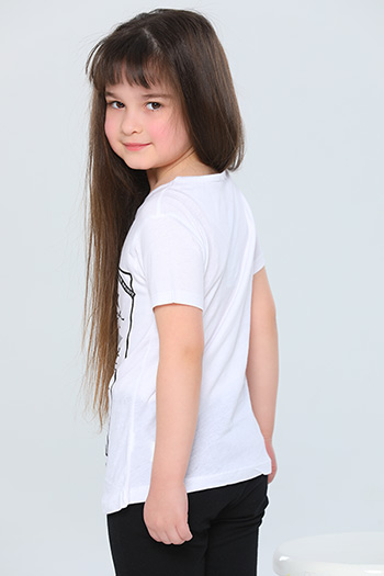 Beyaz Kız Çocuk Likralı Bisiklet Yaka Baskılı T-shirt