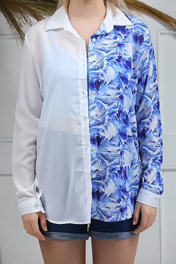 BeyazSaksmavisi Kadın Hafif Dökümlü Uzun Kollu Baskılı Gömlek 479870