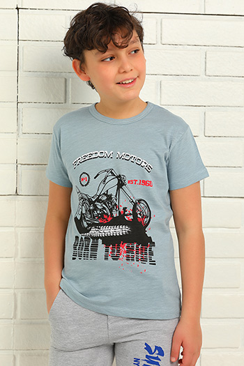 Mavi Bisiklet Yaka Motosiklet Baskılı Erkek Çocuk T-shirt 437238- tozlu.com