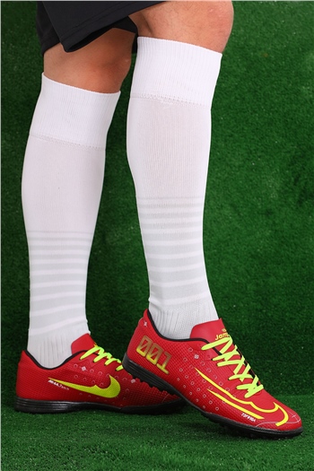 Erkek Bağcıklı Çim Dişli Krampon Futbol Ayakkabısı Kırmızı