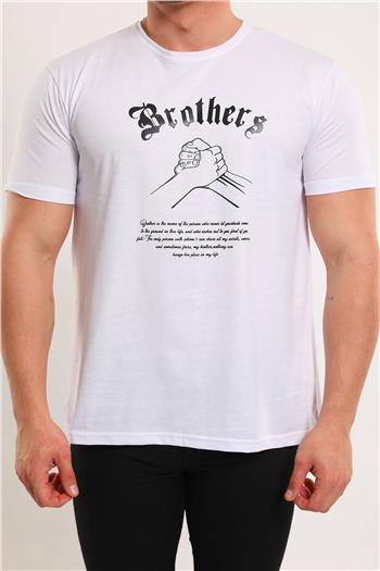 Erkek Bisiklet Yaka Brothers Baskılı Tshirt Beyaz 494636